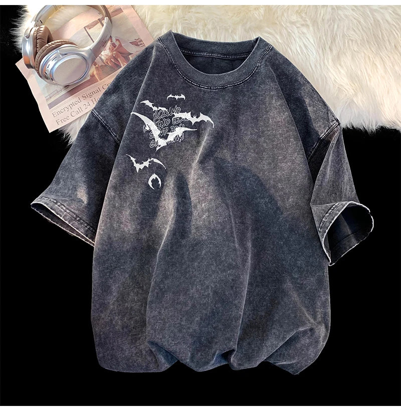 Flying Bat Graphic Gothic Washed Corduroy T-Shirt ,  - Streetwear T-Shirt - Slick Street