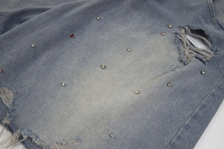 Rhinestone Denim Ripped Shorts , - Streetwear Shorts - Slick Street