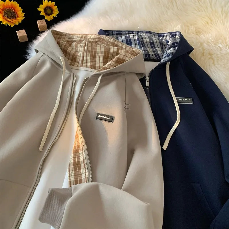 Plain Color Zip-up Loose Hoodie , - Streetwear Hoodie - Slick Street