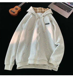 Plain Color Zip-up Loose Hoodie , - Streetwear Hoodie - Slick Street