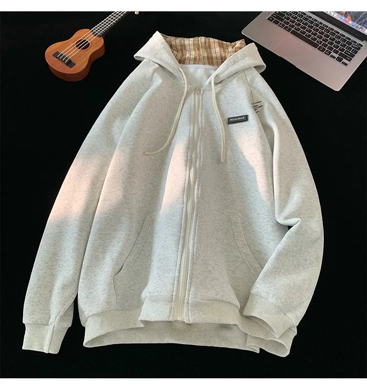 Plain Color Zip-up Loose Hoodie , - Streetwear Hoodie - Slick Street