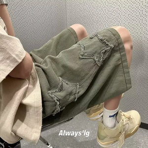 Pentagram Star Embroider Shorts Green, XS - Streetwear Shorts - Slick Street