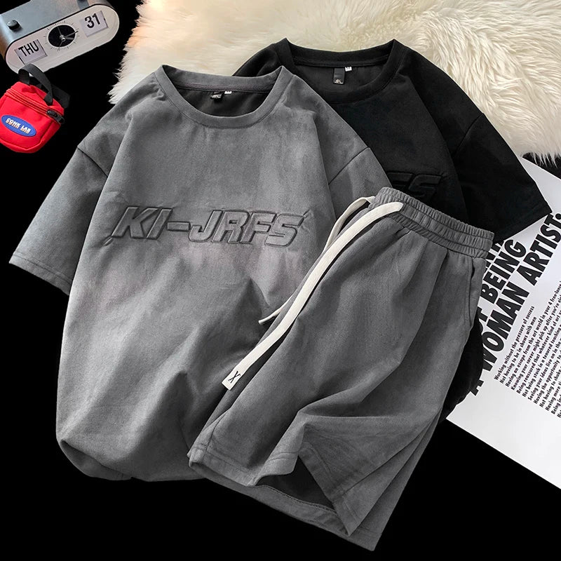 KI-JRFS Embossed Letter T-Shirt With Short , - Streetwear Tracksuits - Slick Street