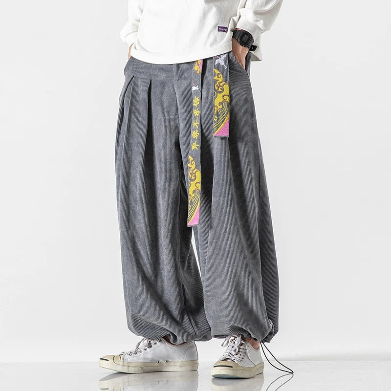 Corduroy Embroidered Baggy Style Pants , - Streetwear Pants - Slick Street