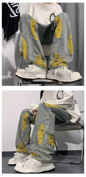 Denim Streetwear Ripped Patches Pants ,  - Streetwear Pants - Slick Street