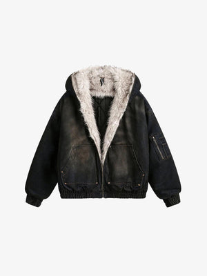 Coal Black Washed Fur Hooded Jacket Black, S - Streetwear Jacket - Slick Street