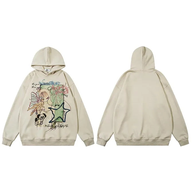 Fairy Star Ivory Cartoon Graffiti Graphic Pullover Hoodie White, XXS - Streetwear Hoodie - Slick Street