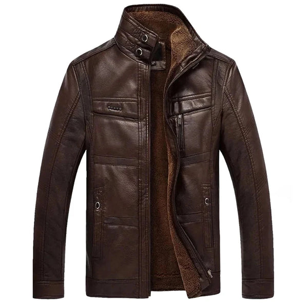 Mandarin Collar Leather Zipper Jacket Dark Brown, M - Streetwear Jacket - Slick Street