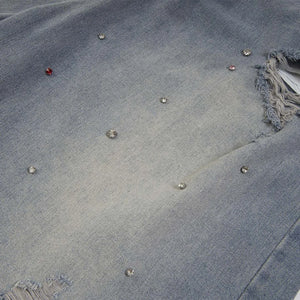 Rhinestone Denim Ripped Shorts , - Streetwear Shorts - Slick Street