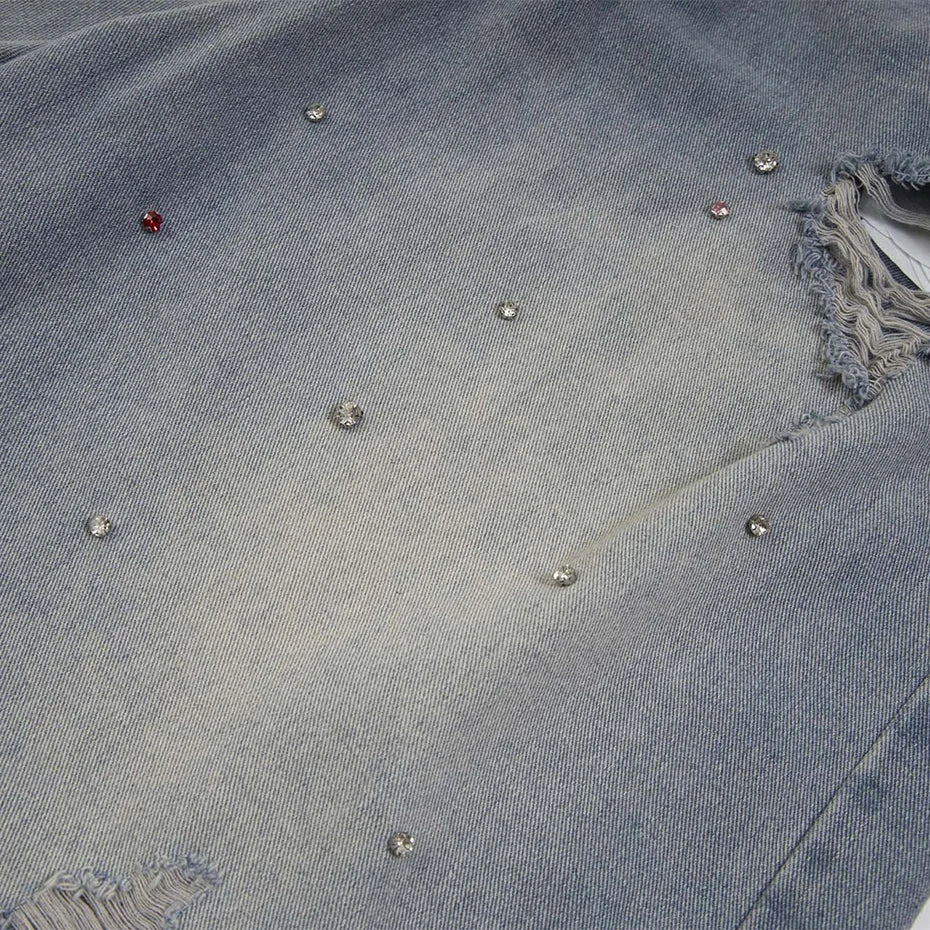 Rhinestone Denim Ripped Shorts , - Streetwear Shorts - Slick Street