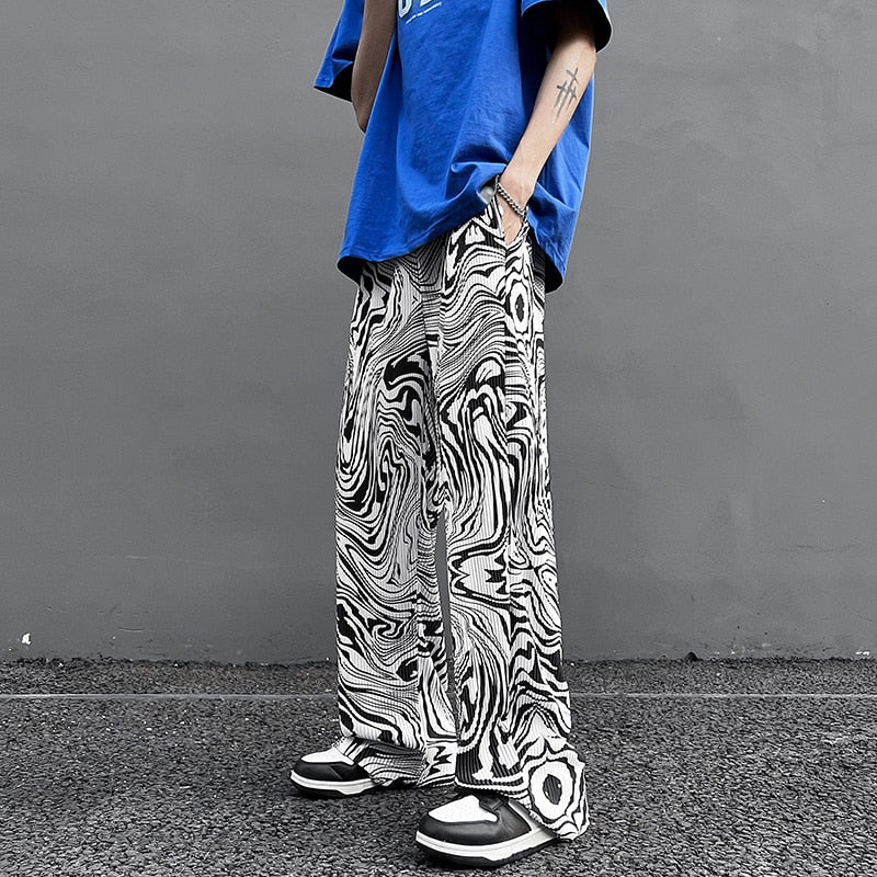 Abstract Waving Vector Art Pants XXS, White - Streetwear Pants - Slick Street