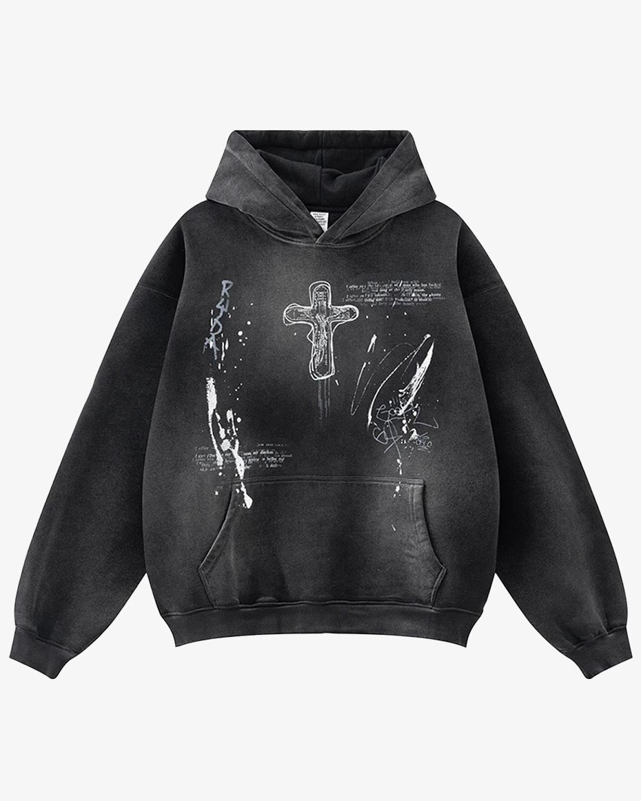 Crucifix Cross Graphic Pullover Hoodie Black, S - Streetwear Hoodie - Slick Street