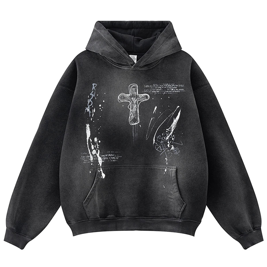 Crucifix Cross Graphic Pullover Hoodie Black, S - Streetwear Hoodie - Slick Street