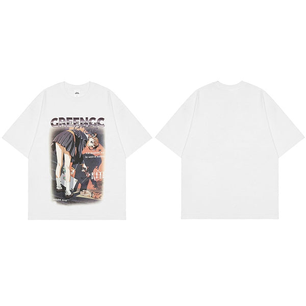 GREENGC Killer Girl Shooter Anime T-Shirt White, M - Streetwear T-Shirt - Slick Street