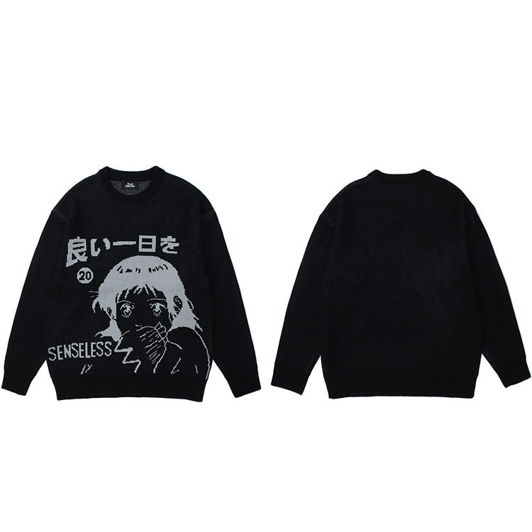 SENSELESS 20 Anime Knit Sweater Black, M - Streetwear Sweater - Slick Street