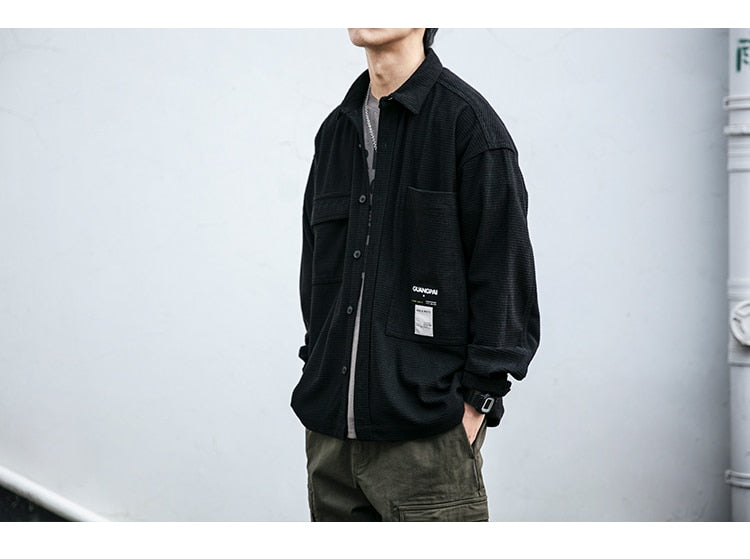 Corduroy Waffle Plaid Semi Collar Overshirt ,  - Streetwear Tops - Slick Street