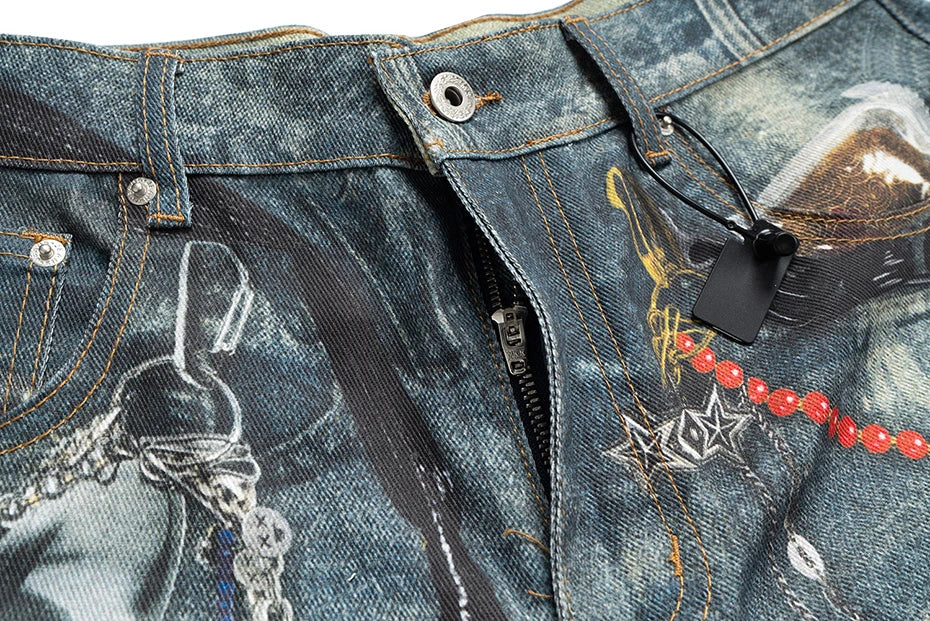 Hanging Keychain Graphic Denim Shorts , - Streetwear Shorts - Slick Street