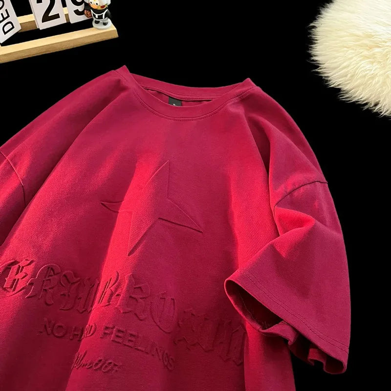 No Hard Feelings Star Polygons Embossed T-shirt Burgundy, XS - Streetwear T-Shirts - Slick Street