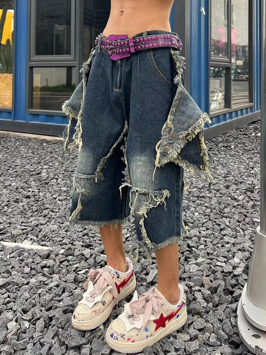 Blue Denim Tassel Star Shorts , - Streetwear Shorts - Slick Street