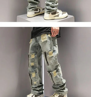 SK5 Multi Zipper Ripped Jeans ,  - Streetwear Pants - Slick Street