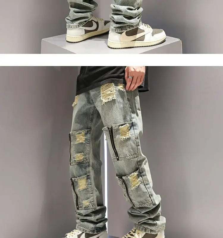 SK5 Multi Zipper Ripped Jeans ,  - Streetwear Pants - Slick Street