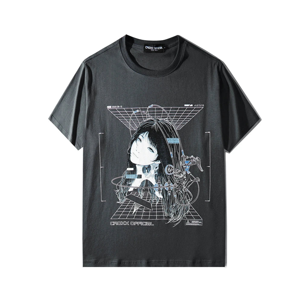 Streetwear Robotic Anime Girl Loose T-Shirt Gray, M - Streetwear T-Shirt - Slick Street