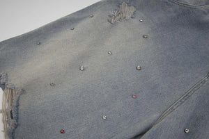 Rhinestone Denim Ripped Shorts , - Streetwear Shorts - Slick Street