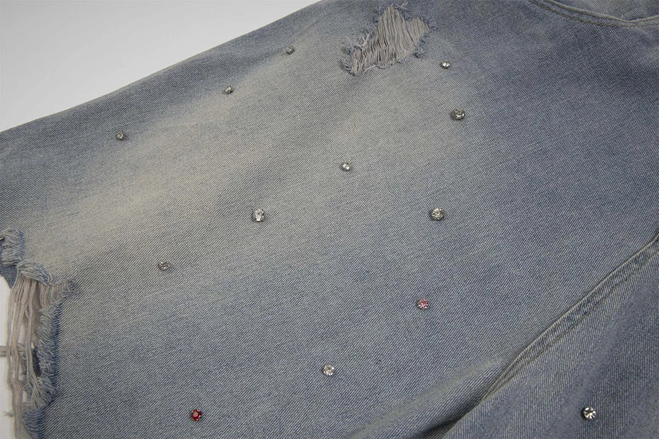 Rhinestone Denim Ripped Shorts , - Streetwear Shorts - Slick Street