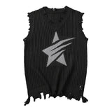 Solid Star Knitted Ripped Vest Black, S - Streetwear Vest - Slick Street