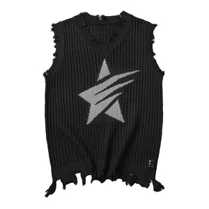 Solid Star Knitted Ripped Vest Black, S - Streetwear Vest - Slick Street
