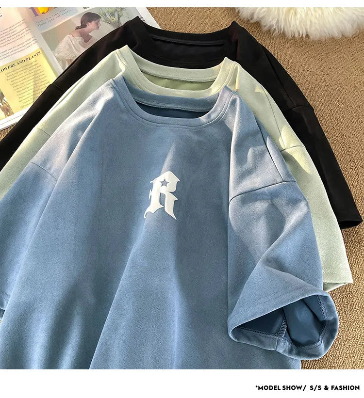 Letter R Foaming Embroidery Loose T-Shirt , - Streetwear T-Shirts - Slick Street