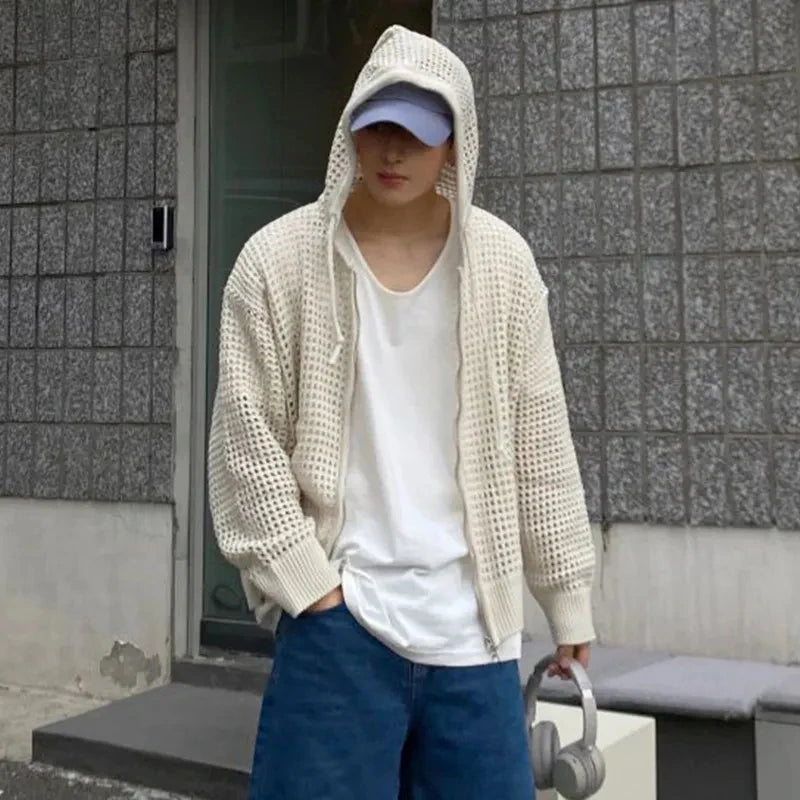 Hollow Knitted Cardigan Long Sleeve Hooded ,  - Streetwear Hoodie - Slick Street