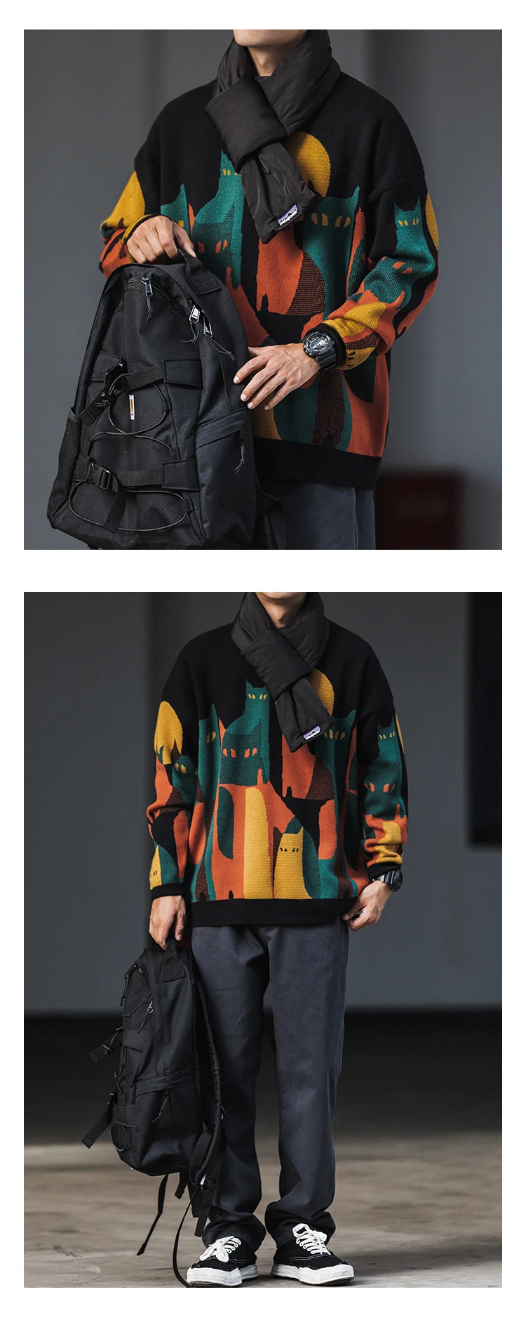 Moonnight Cat Abstract Crew Neck Sweater ,  - Streetwear Sweater - Slick Street