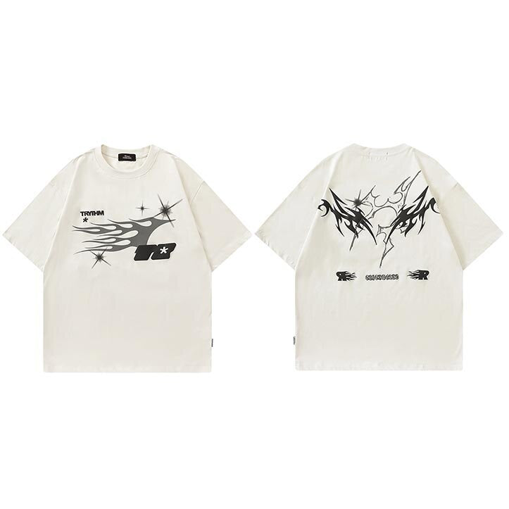 Splatter Fire Flame Texture T-Shirt Beige, S - Streetwear T-Shirts - Slick Street