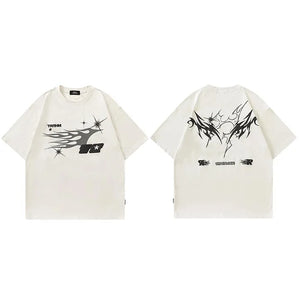 Warrior Fire Flame Graphic Loose T-Shirt Beige, M - Streetwear T-Shirt - Slick Street