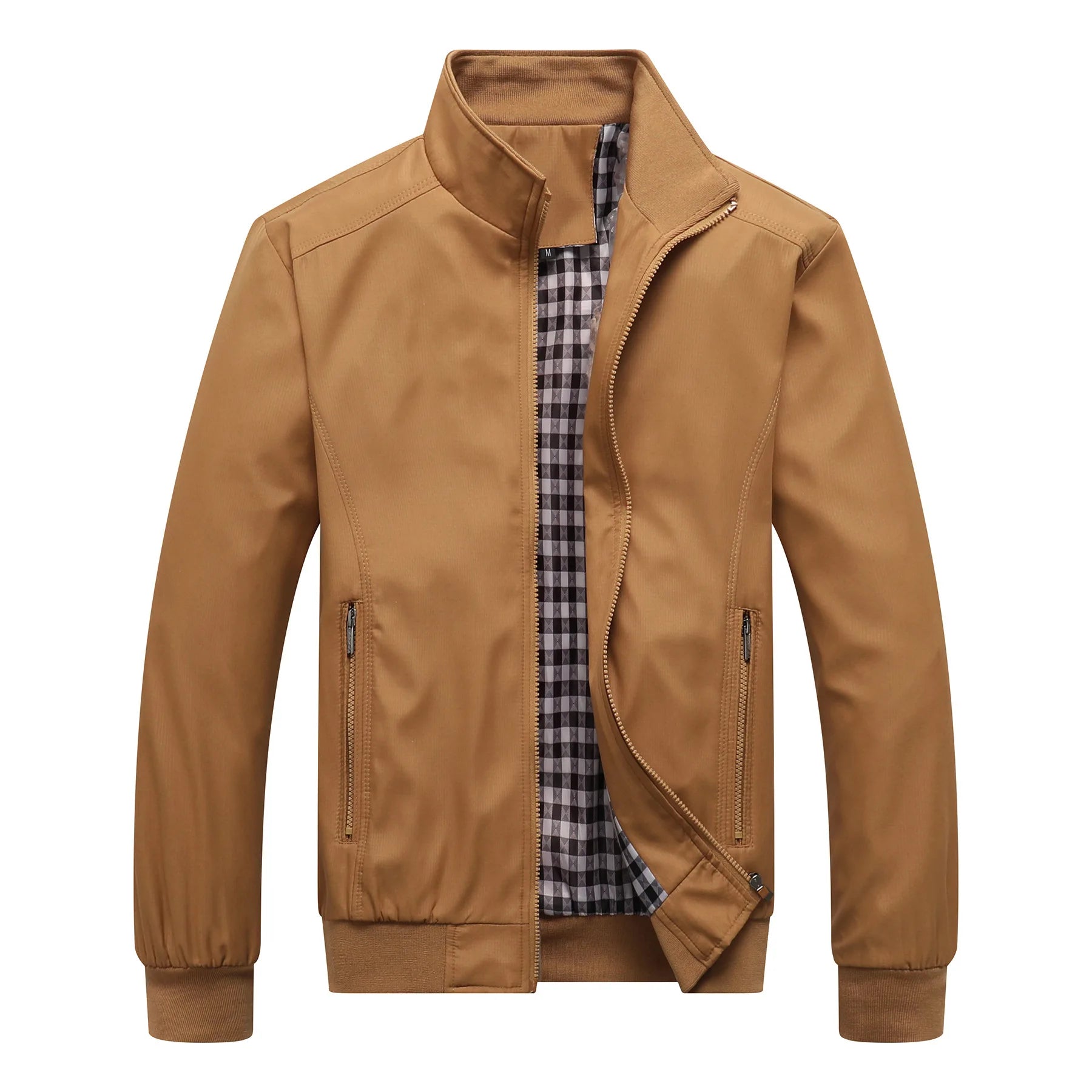 Plain Color Checkered Style Jacket Khaki, M - Streetwear Jacket - Slick Street