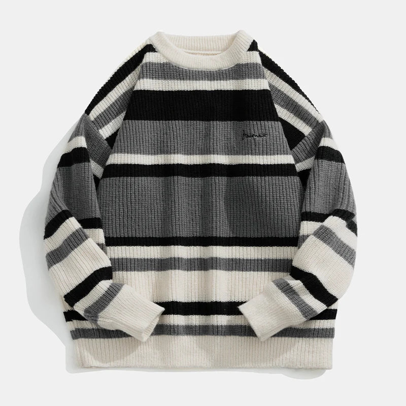 Stripe Embroidery Crochet Sweater Gray, M - Streetwear Sweater - Slick Street