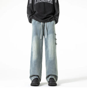 Side Coil Button Design Jeans Light Blue, XS - Streetwear Jeans - Slick Street