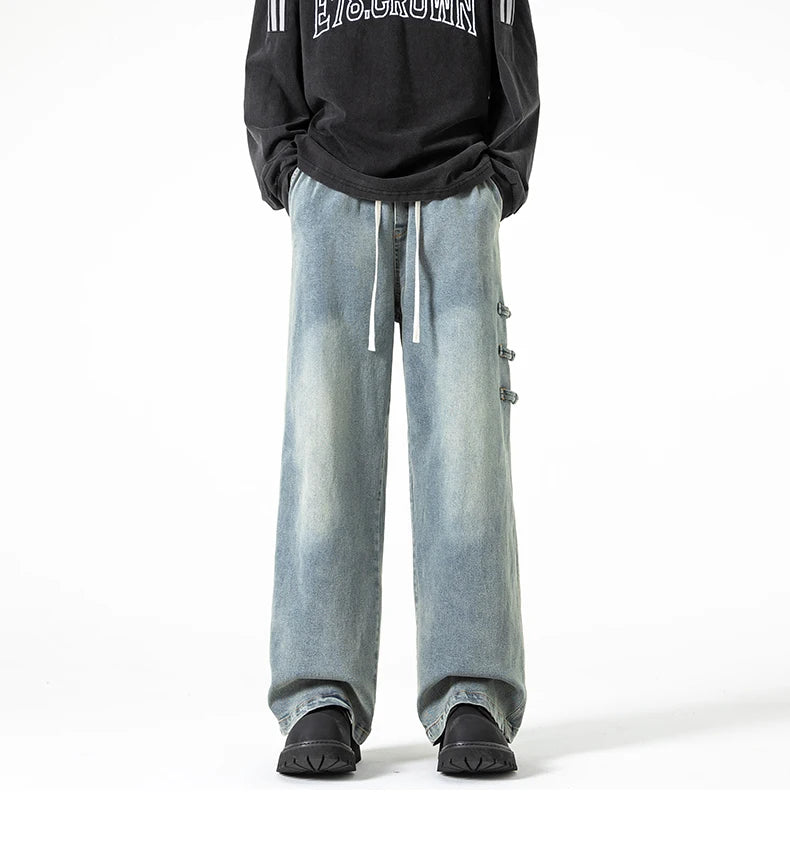 Straight Legs Side Coil Button Pants , - Streetwear Jeans - Slick Street