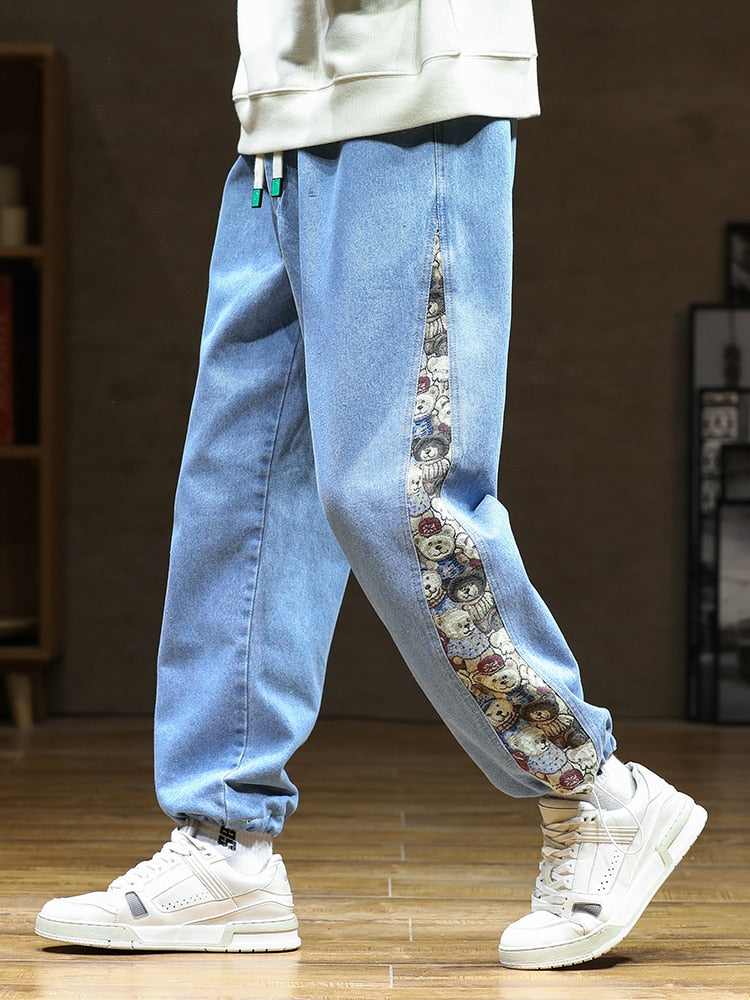 Designer Bear Patchwork Denim Pants ,  - Streetwear Pants - Slick Street