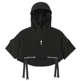 Black Shawl Style Short Sleeve Top Hoodie Black, S - Streetwear Hoodie - Slick Street