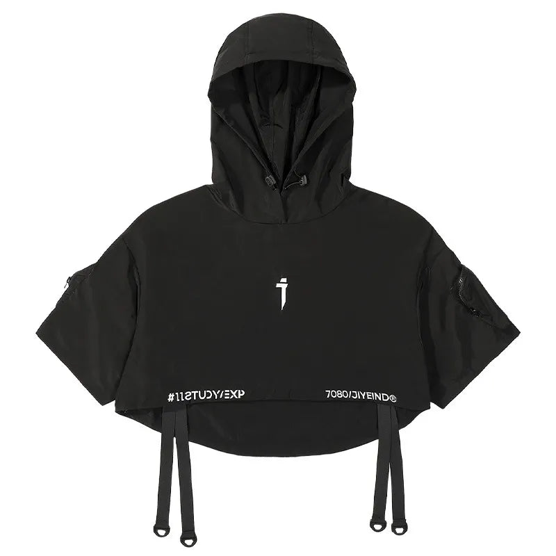 Black Shawl Style Short Sleeve Top Hoodie Black, S - Streetwear Hoodie - Slick Street