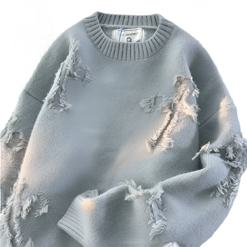 Ripped Y2K Two Shaded Cross Fringed Sweater , - Streetwear Sweater - Slick Street