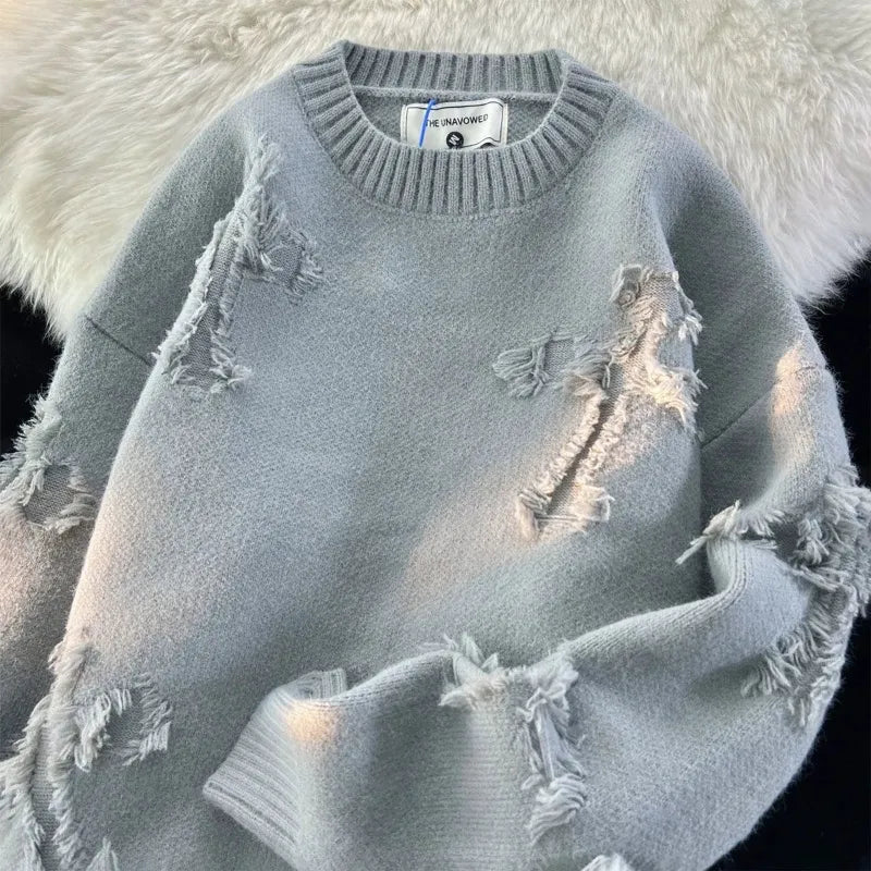 Ripped Y2K Two Shaded Cross Fringed Sweater Grey, S - Streetwear Sweater - Slick Street