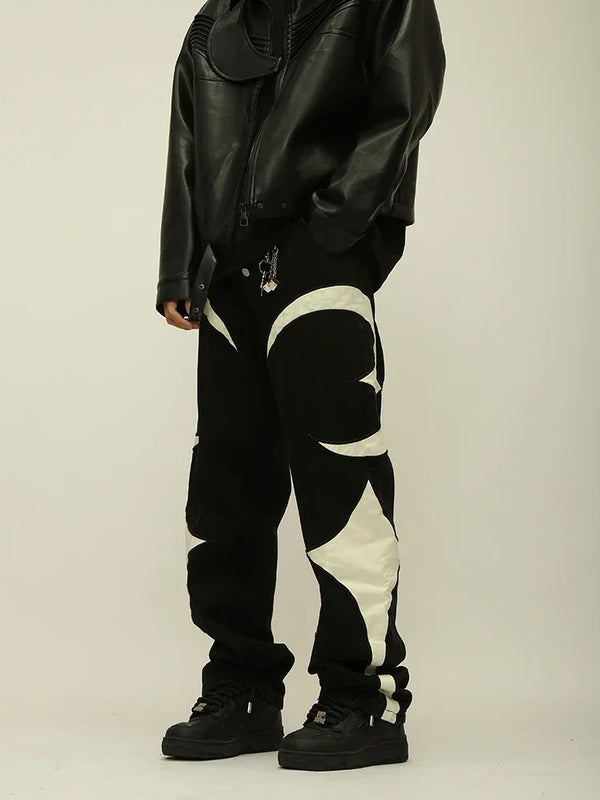 Crescent Embroidery Patchwork Baggy Pants ,  - Streetwear Pants - Slick Street