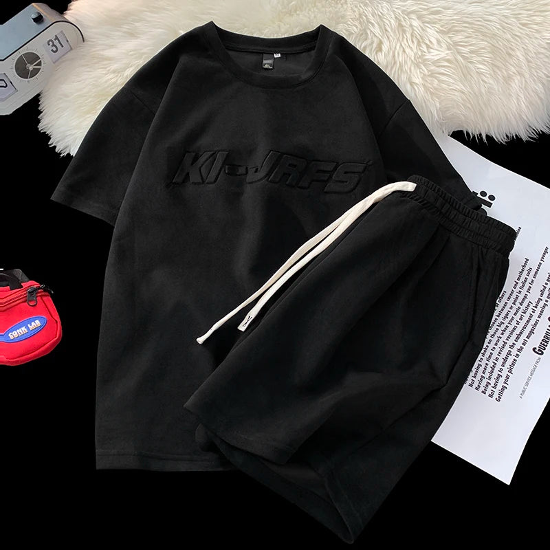 KI-JRFS Embossed Letter T-Shirt With Short Black, XS - Streetwear Tracksuits - Slick Street