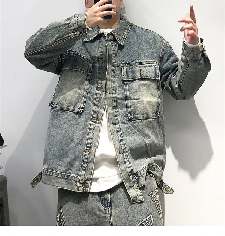 Tied Die Lapel Button Up Jean Jacket ,  - Streetwear Pants - Slick Street