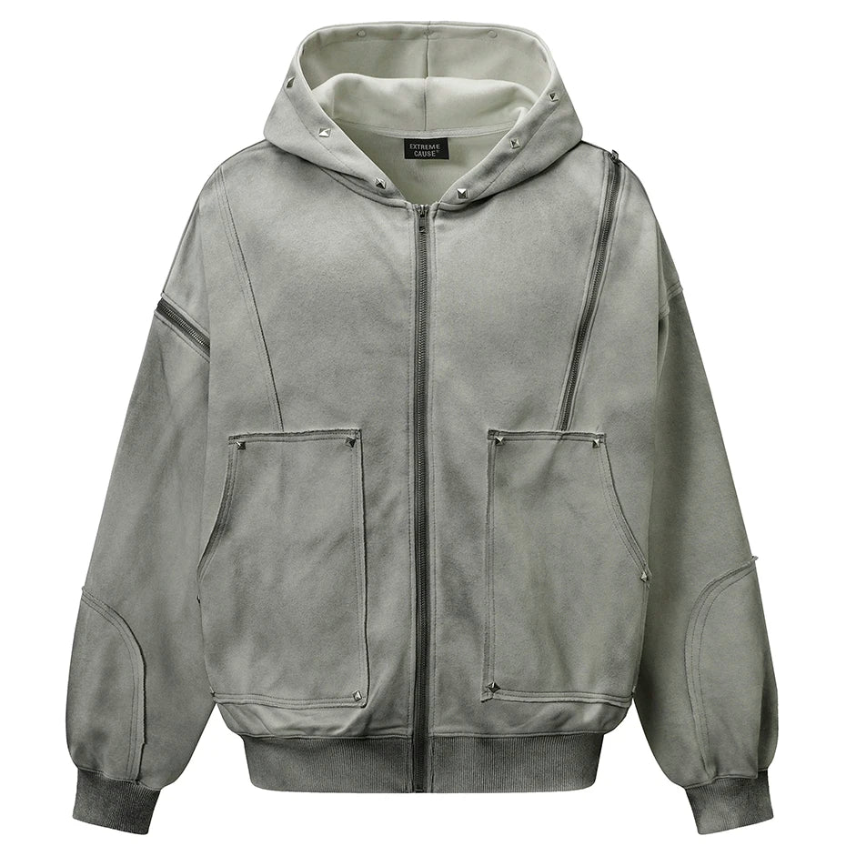 T2 Rivet Zipper Hoodie Gray, S - Streetwear Hoodie - Slick Street