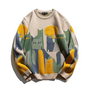 Moonnight Cat Abstract Crew Neck Sweater Beige, XS - Streetwear Sweater - Slick Street