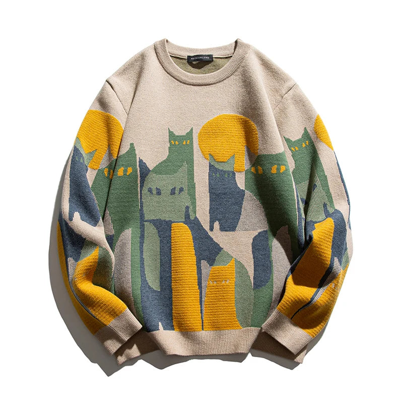 Moonnight Cat Abstract Crew Neck Sweater Beige, XS - Streetwear Sweater - Slick Street